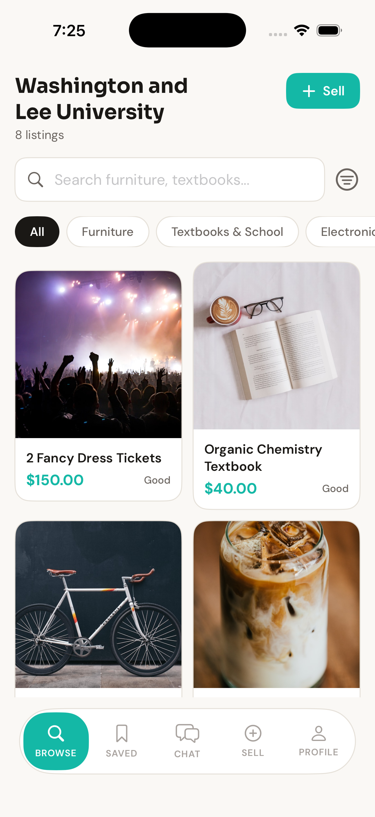 Quadsale app showing campus marketplace listings